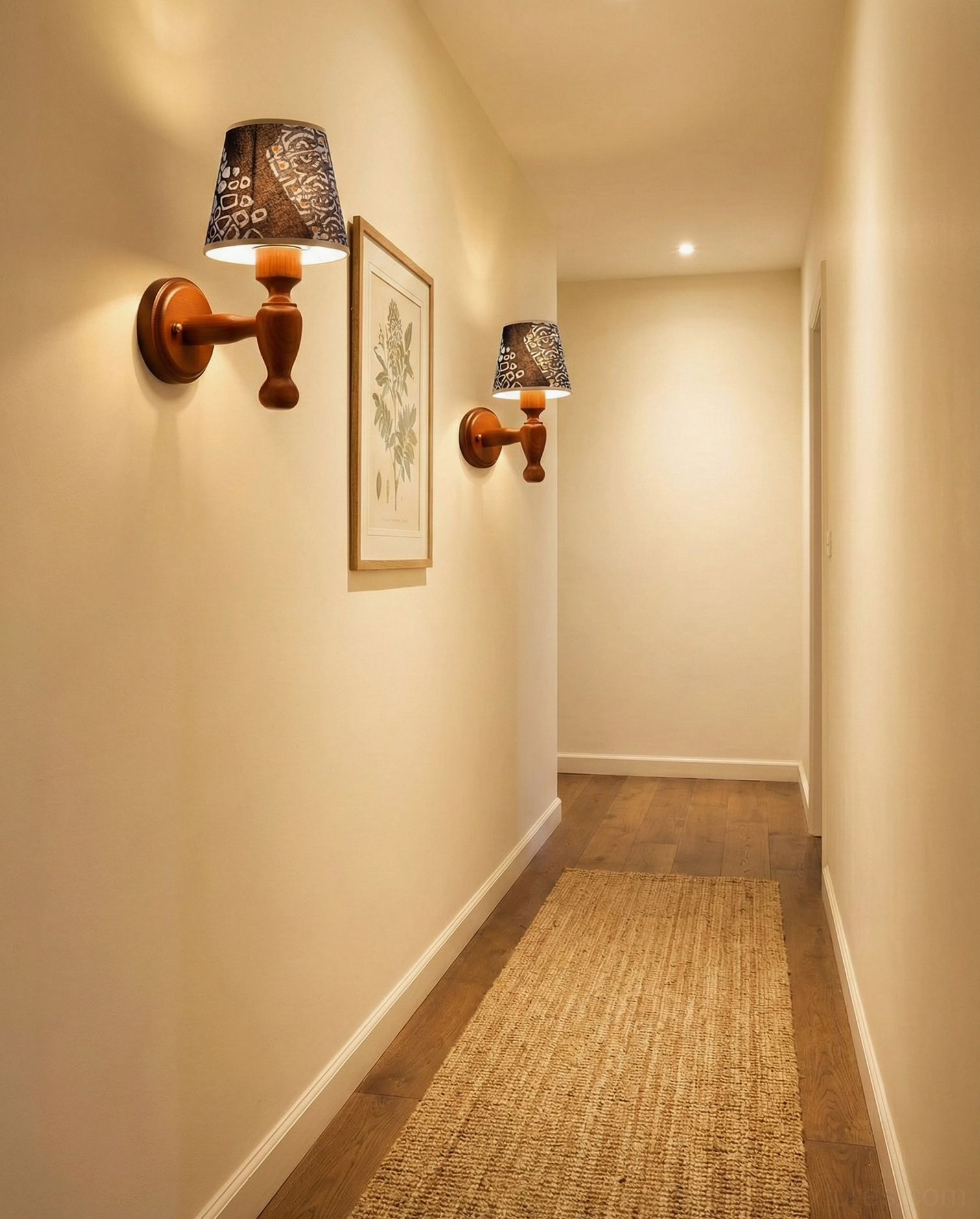 Wood frame wall sconce with patterned fabric shade, modern farmhouse style