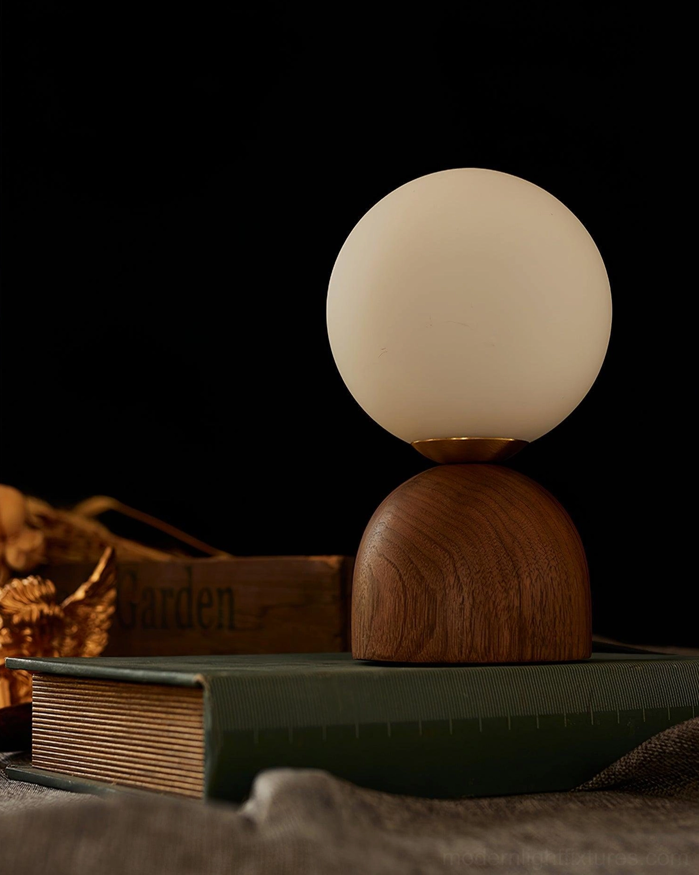 Walnut wood table lamp with frosted sphere shade ambient lighting home office workspace