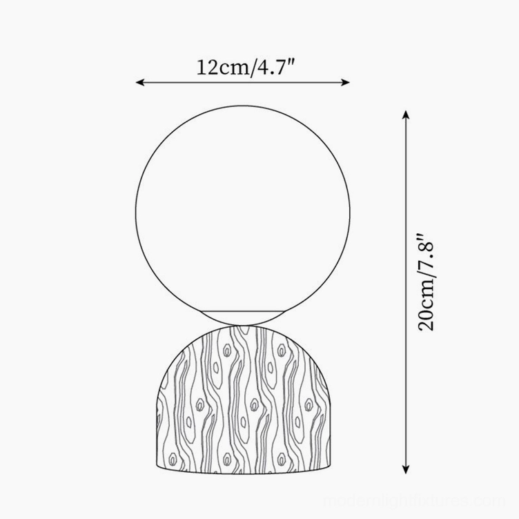 Technical dimension drawing of wood knuckle table lamp showing 20cm height and 12cm diameter specifications