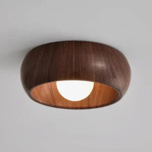 Close-up detail of Zuwa ceiling light wood texture and frosted glass diffuser, showcasing realistic wood grain water transfer printing