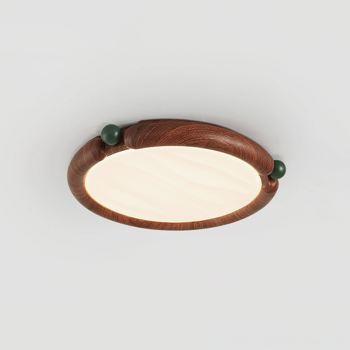 Contemporary wood-grain flush mount ceiling light fixture with dark green accent knobs, angled product photography