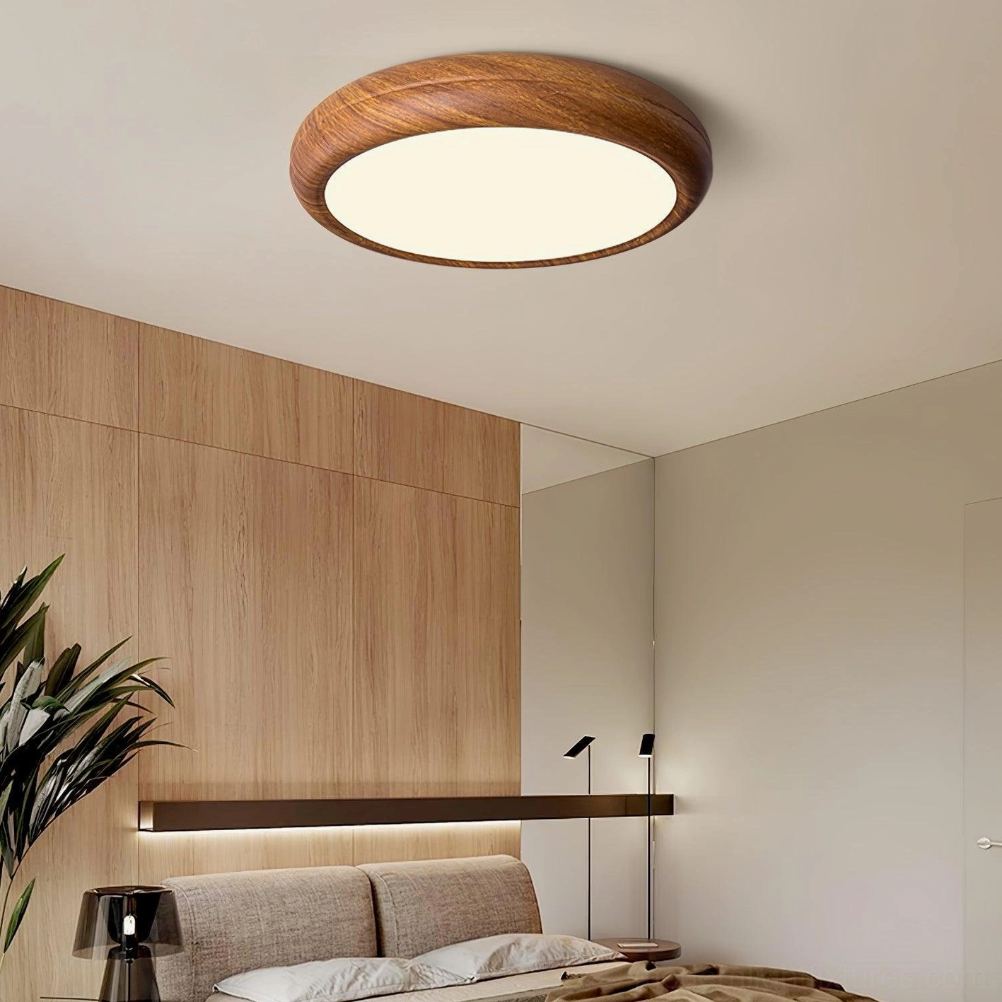 Walnut wood grain round ceiling fixture mounted on wooden wall panels, cozy minimalist bedroom aesthetic