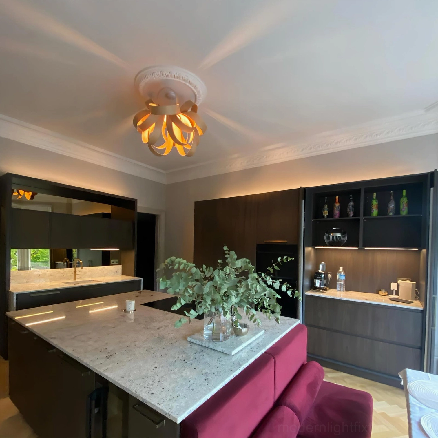 Natural wood grain detail handcrafted petal ceiling light close-up