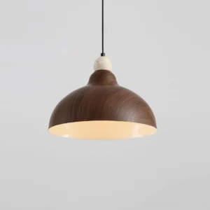 Modern wood-grain pendant lamp with beige travertine top detail, side angle view