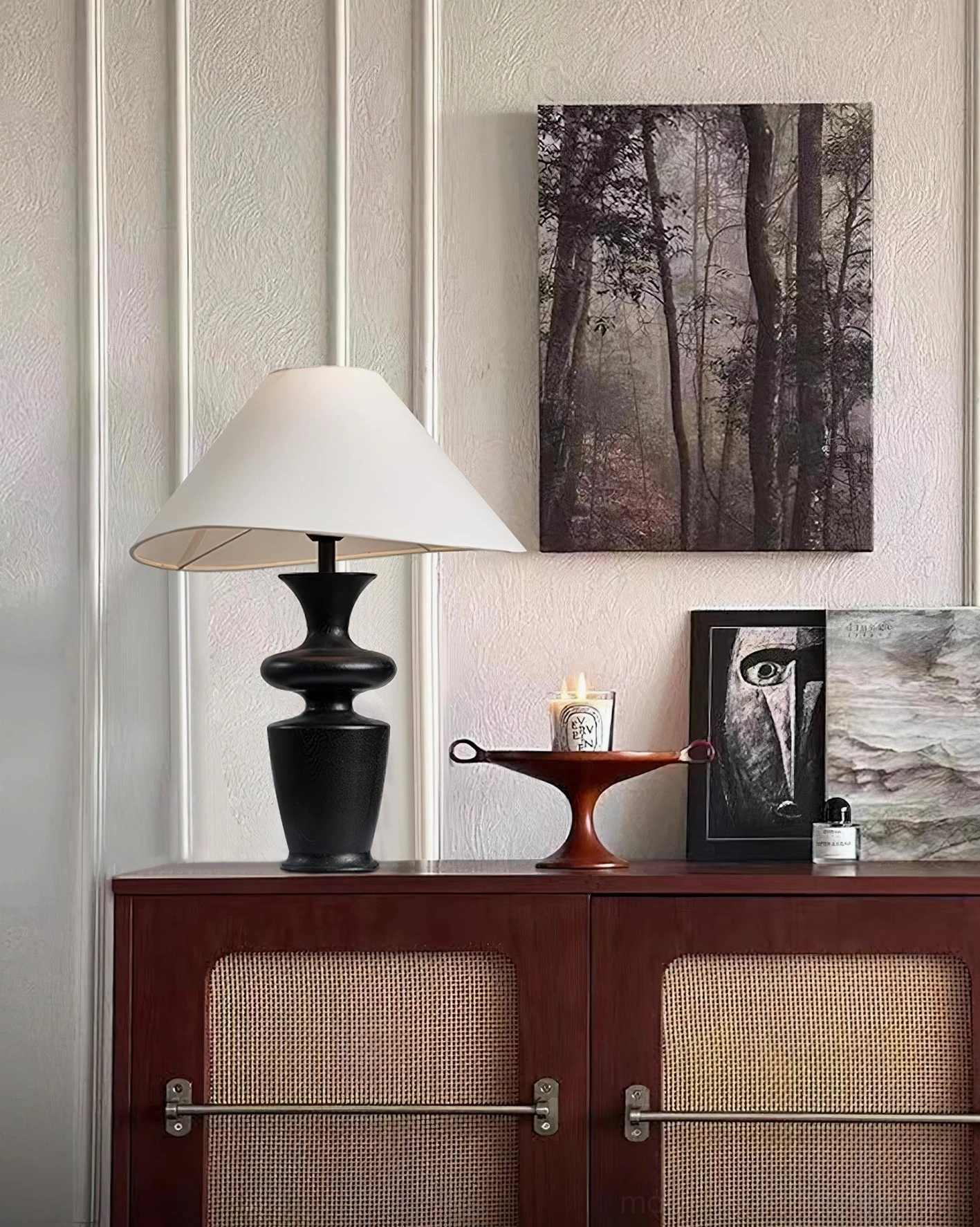 Minimalist wood table lamp showing base construction and stability, close-up detail of ash wood material and finish quality