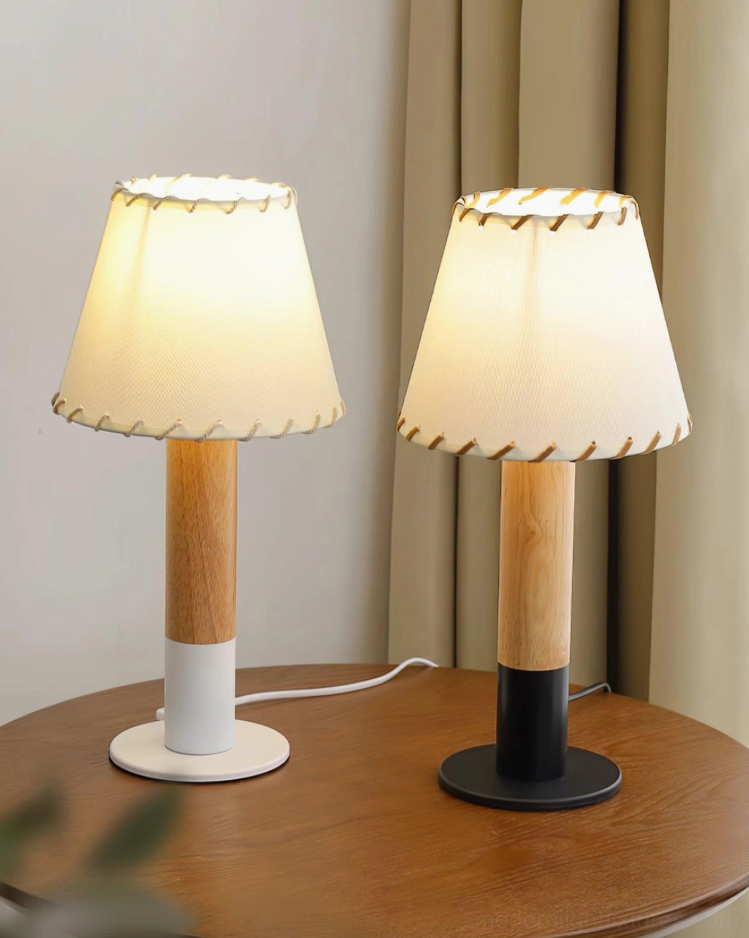 Harmonie rustic wood table lamp close-up of stitched fabric shade detail with warm ivory tone