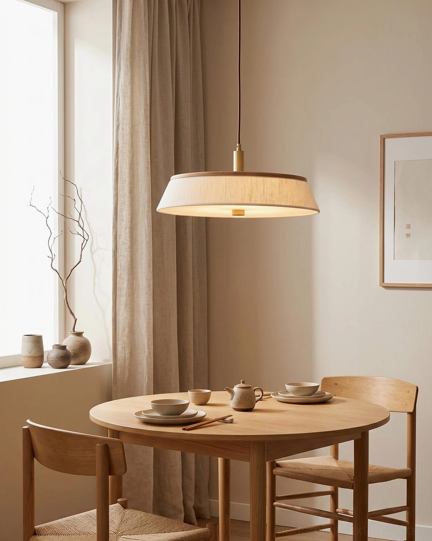 Wood and paper pendant light suspended above round wooden dining table, warm minimalist dining room with dried flowers