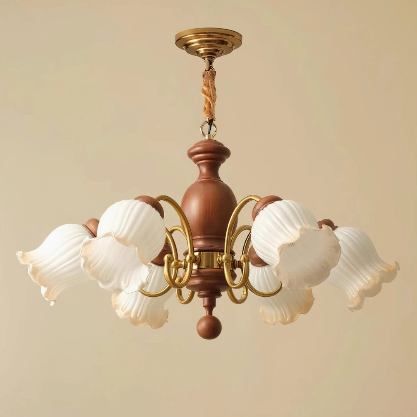 Vintage wood pendant chandelier hanging detail showing adjustable chain and brass hardware