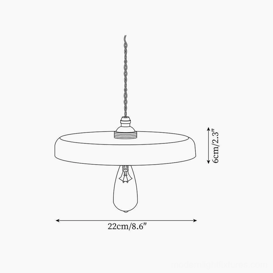 Technical specification diagram of wooden disc pendant showing 22cm diameter and 6cm height dimensions