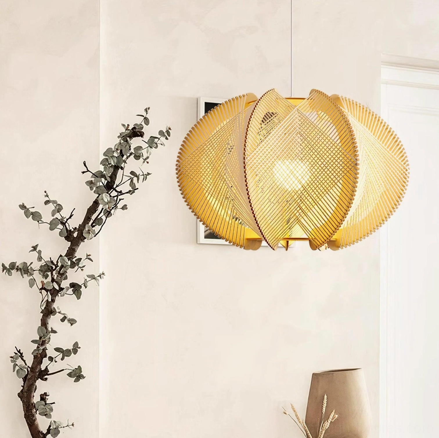 Woven wood pendant light fixture detail view showing woven fabric texture construction