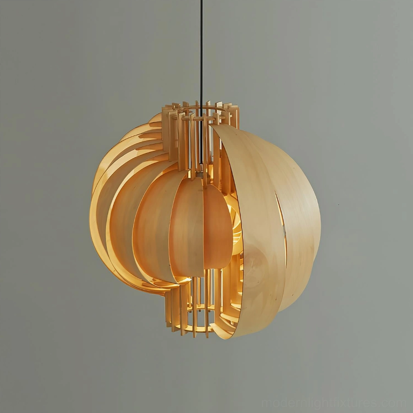 Modern wood pendant lamp detail shot emphasizing intricately bent and assembled wooden framework