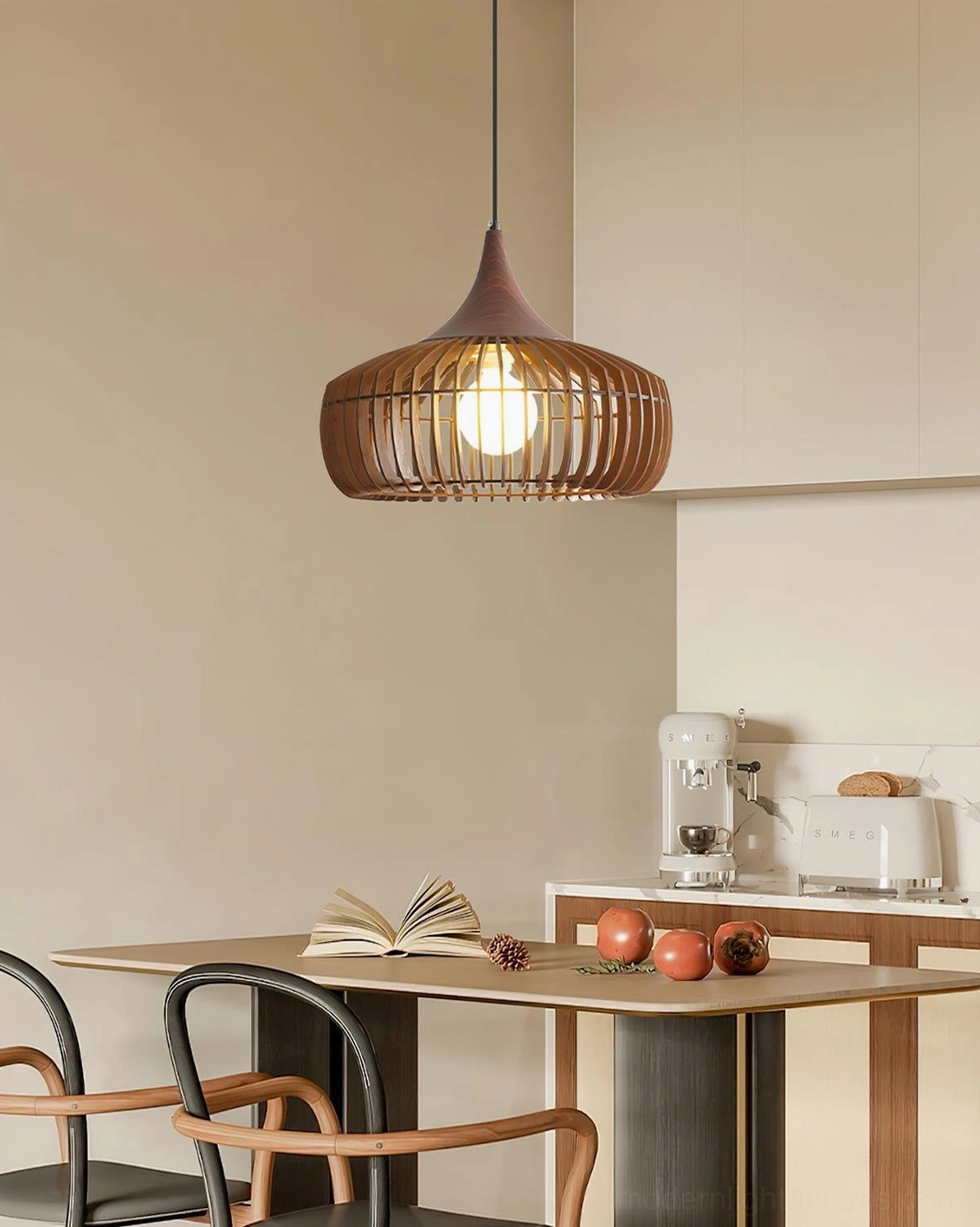 Modern wood slat pendant fixture casting geometric shadow patterns, contemporary home accent lighting