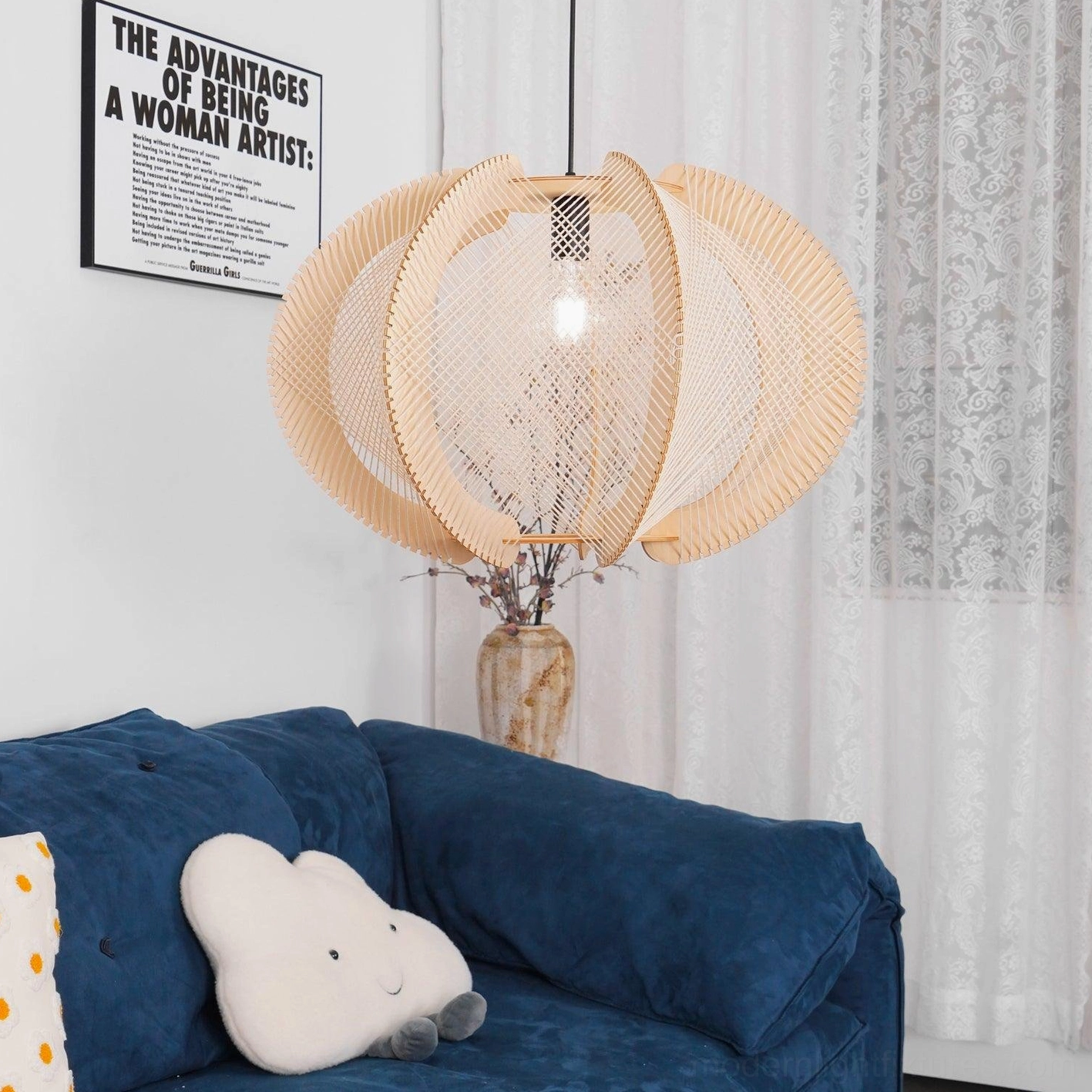 Modern wood pendant light fixture architectural photography studio view
