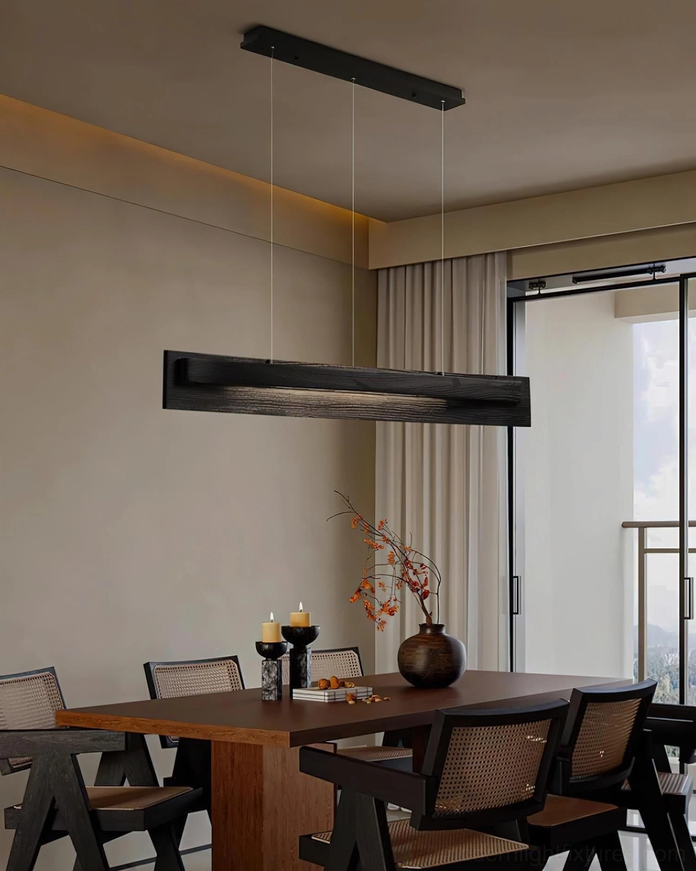 Linear wood pendant light balcony dining room dark matte finish warm ambient