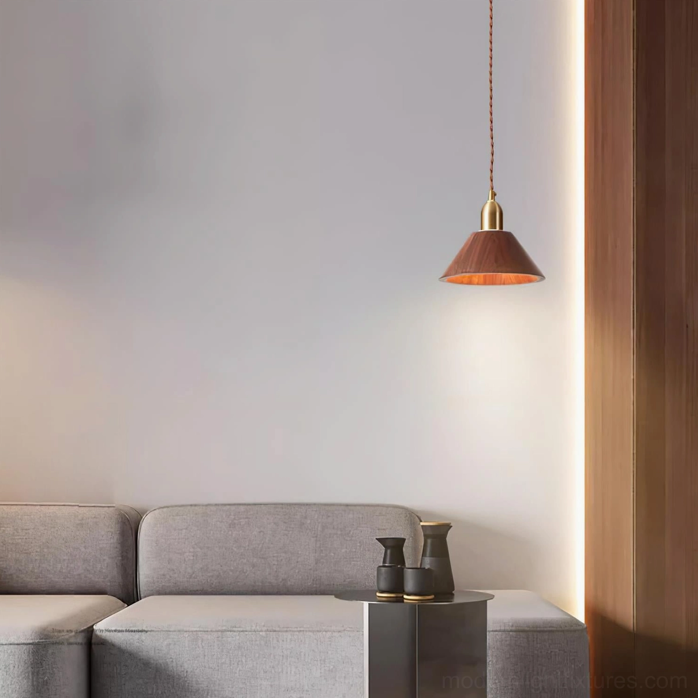 Pendant light collection showing wood grain texture and brass finishes