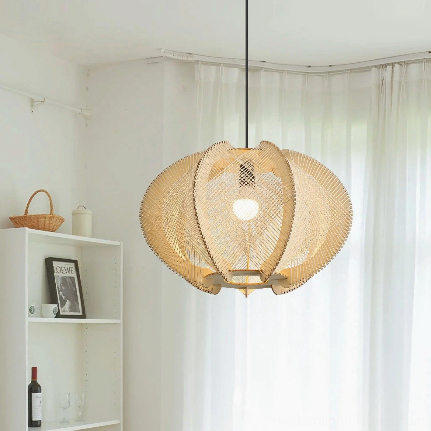 Wood pendant light fixture showing wire suspension and installation hardware