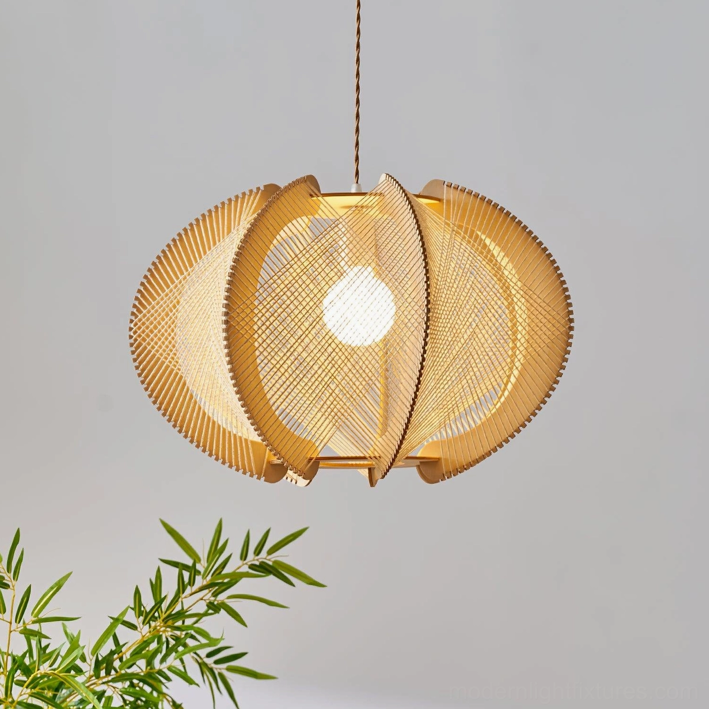 Modern woven wood pendant light with metal wire frame accent details