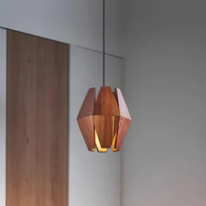 Walnut wooden pendant light fixture showcasing natural grain detail and warm bottom glow