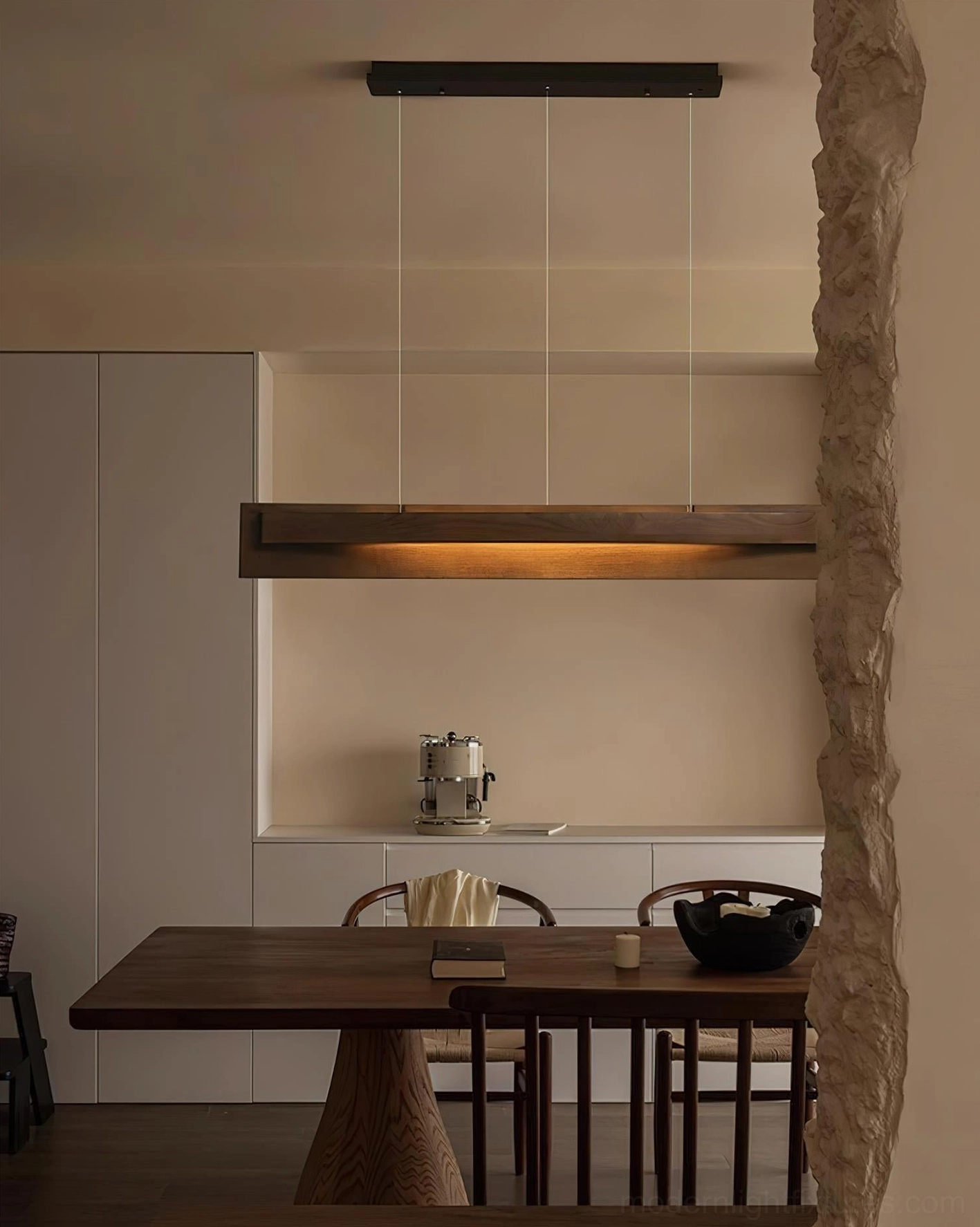 Minimalist wood pendant light compact apartment dining nook neutral home style