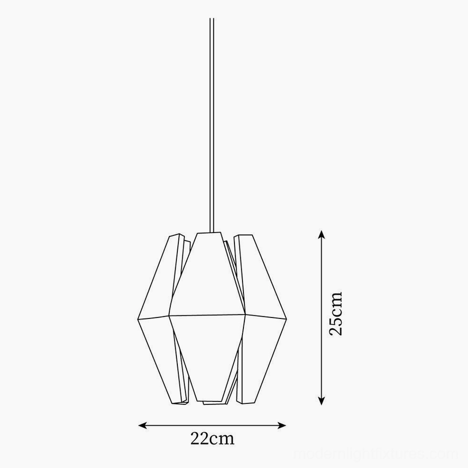 Technical line drawing of geometric wood pendant light showing dimension specifications