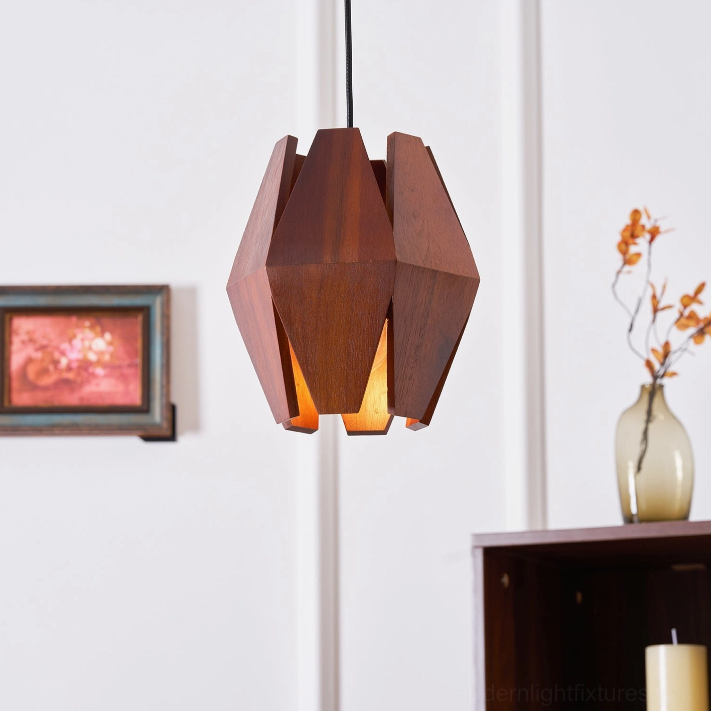 Geometric wood pendant light with natural walnut finish and brass metal components
