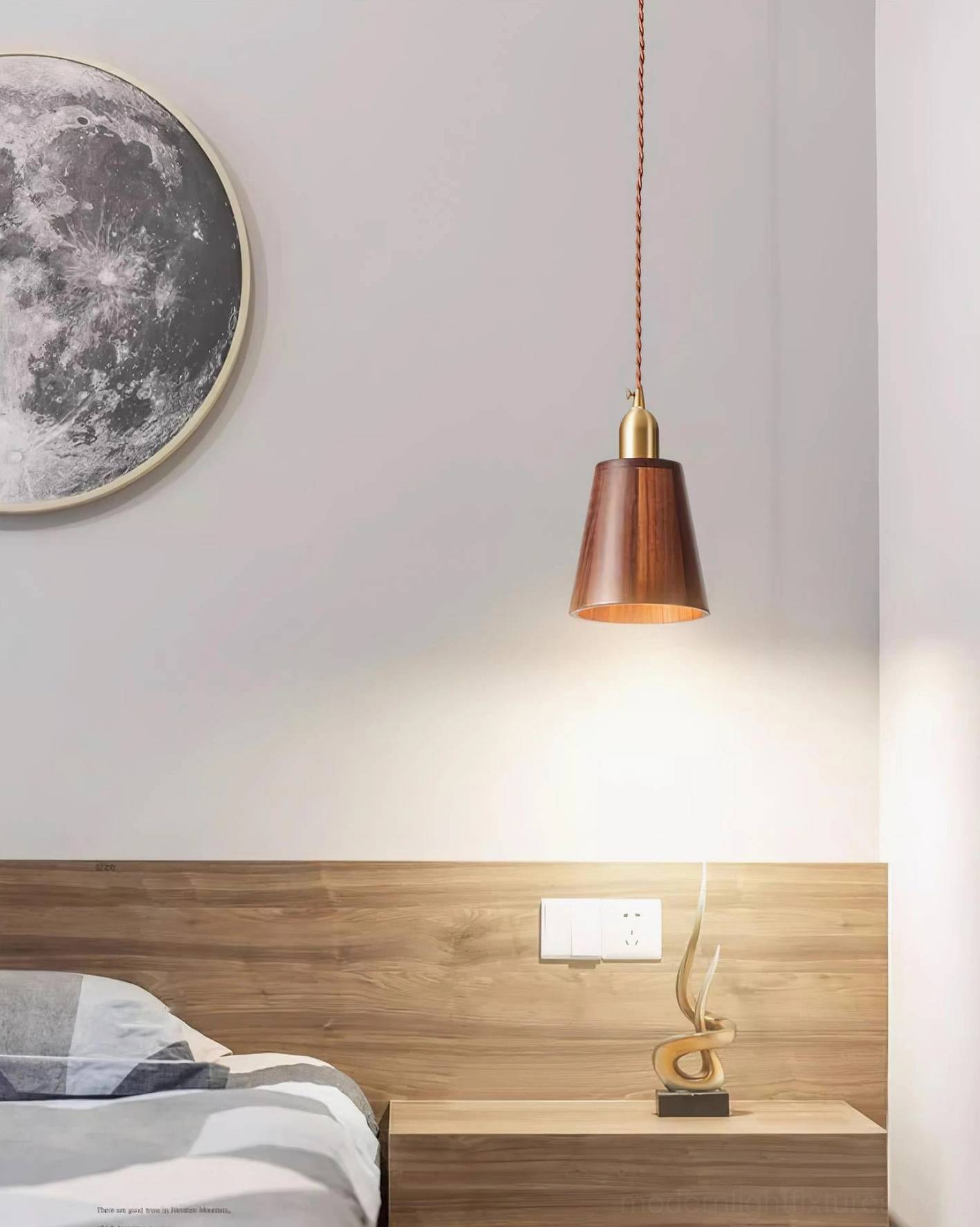 Twisted fabric cord and suspension system on modern wood pendant light