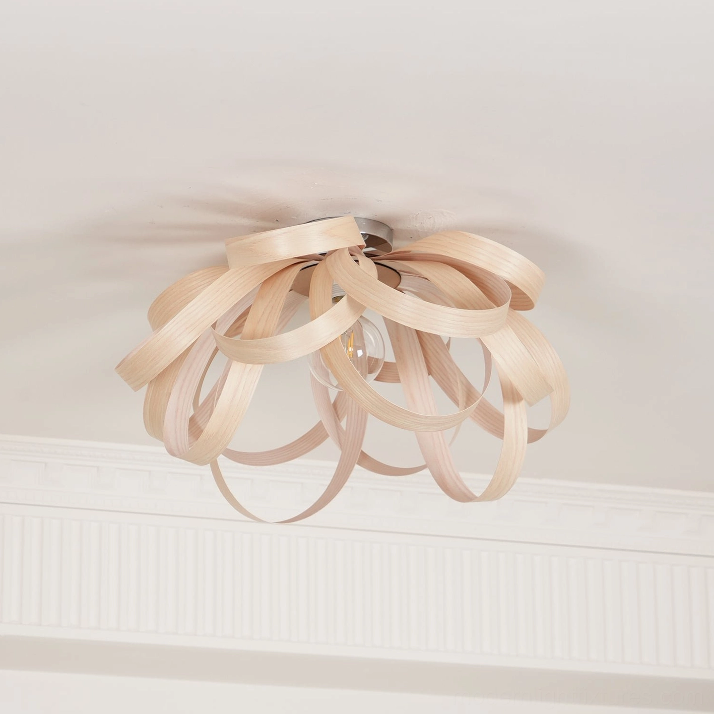 Pale natural wood petal semi-flush fixture ceiling side installation view