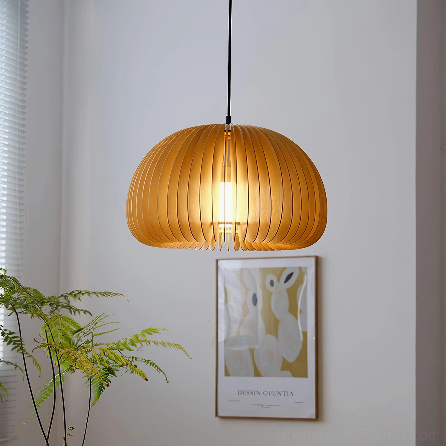 Slatted wood pumpkin pendant lamp in minimalist living space with soft warm glow