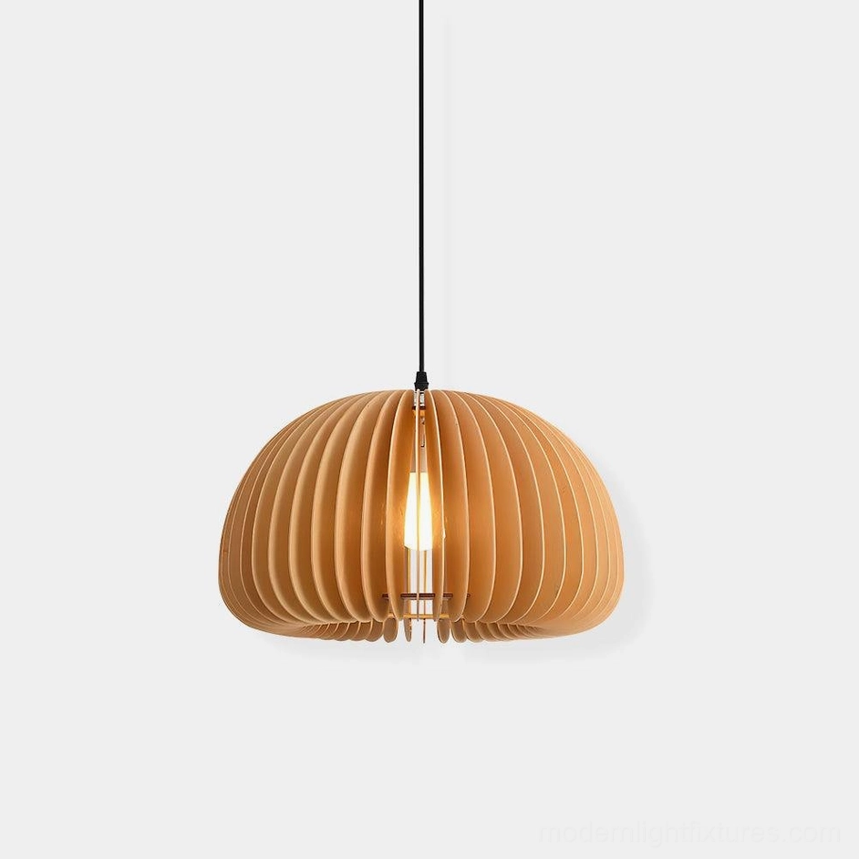 Natural wood pumpkin pendant lamp with vertical slatted design on white background - modern hanging light