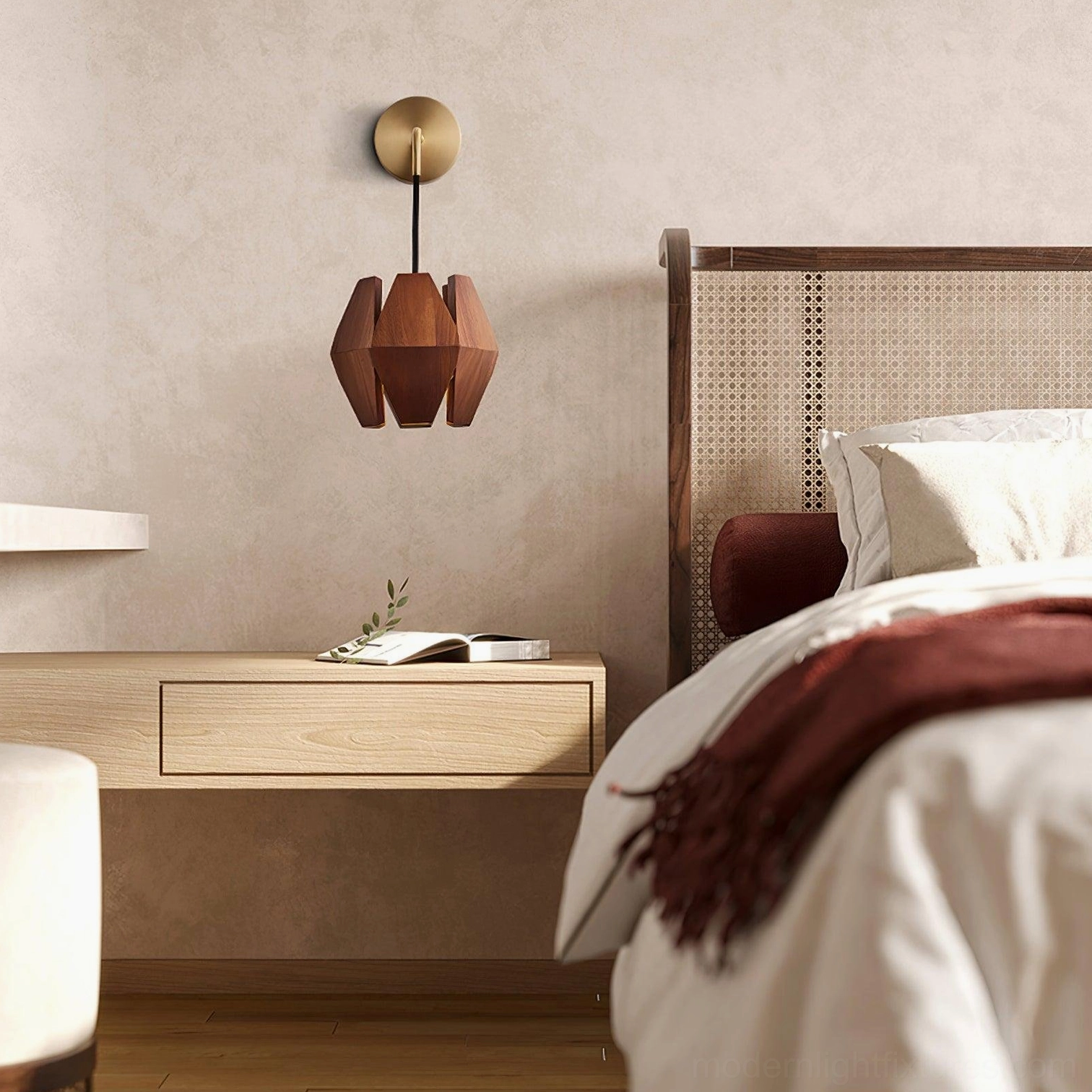 Astris wood wall sconce installed as bedside accent light in master bedroom setting
