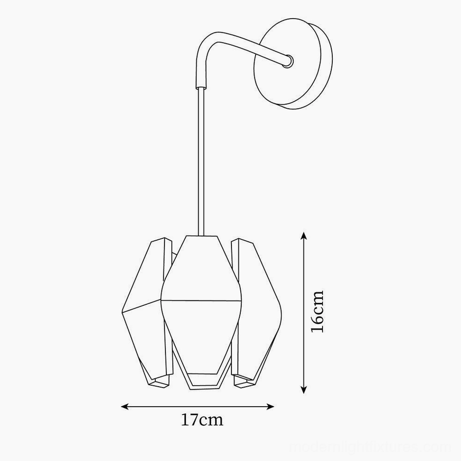 Technical line drawing schematic showing wood wall sconce dimensions 17cm x 16cm