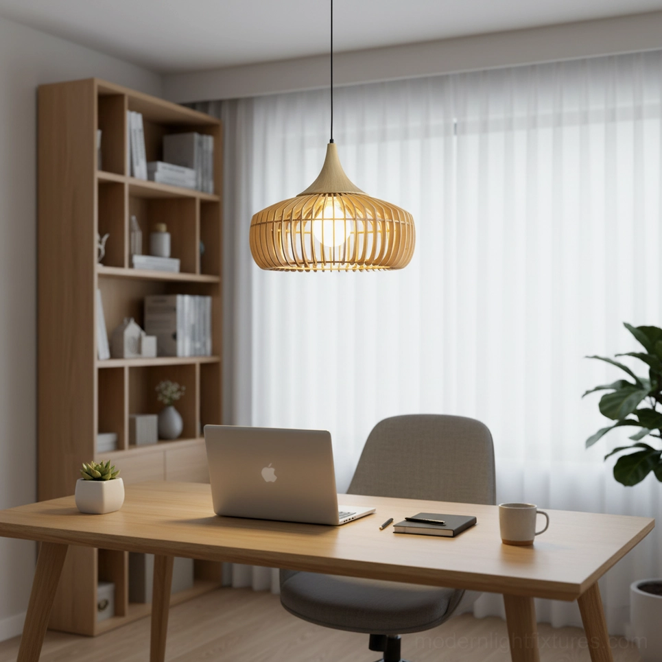 Close-up detail of wood slat construction on modern pendant light, natural wood grain texture