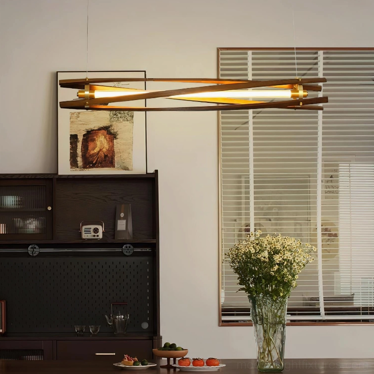 Crossed wood slat linear pendant lamp with integrated LED warm white light in contemporary interior