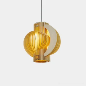 Modern wood sphere pendant light with warm natural wood tone showing interlocking slatted design in studio lighting
