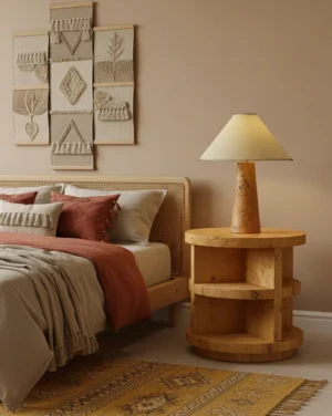 Rustic bohemian wood table lamp in bedroom setting on wooden nightstand with warm ambient lighting