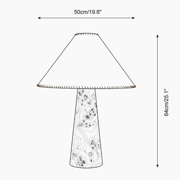 Technical dimension drawing of handcrafted wood table lamp showing measurements and proportions