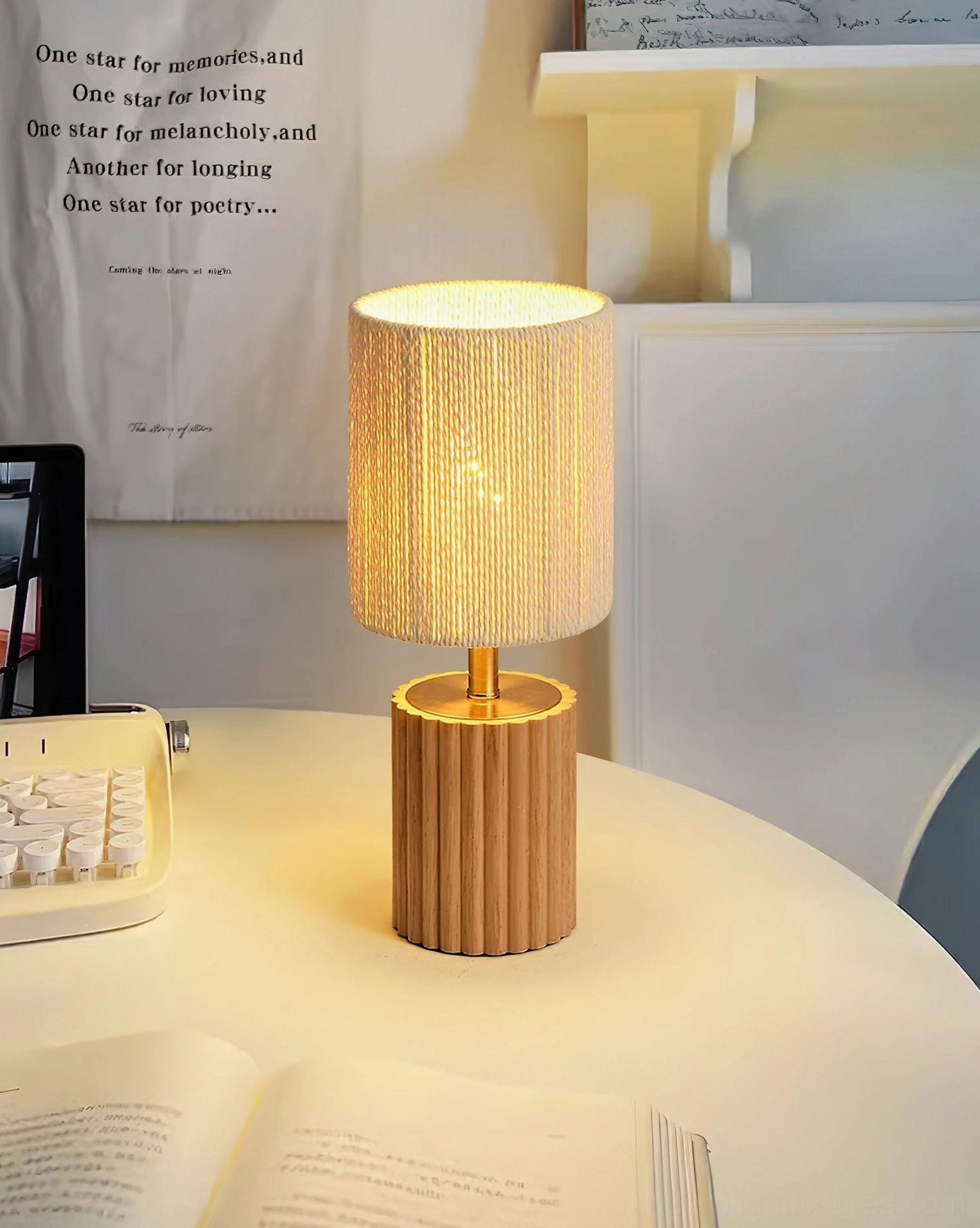 Contemporary wood table lamp placed on home office desk with stationery, books, and warm ambient lighting