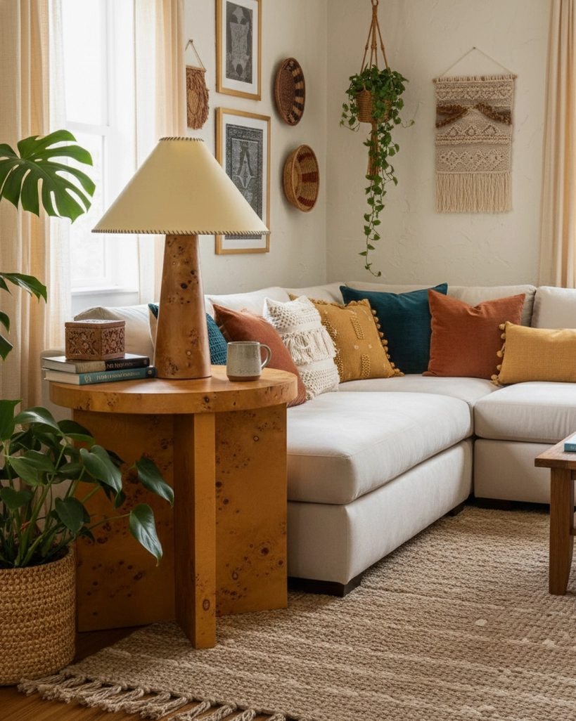 Natural wood base table lamp beside green potted plants on fabric sofa side table