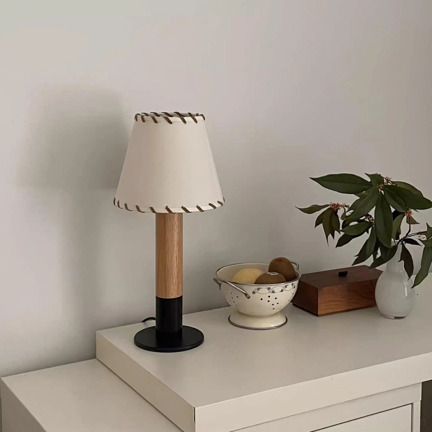 Harmonie farmhouse wood table lamp in natural wood color with black fabric base combination