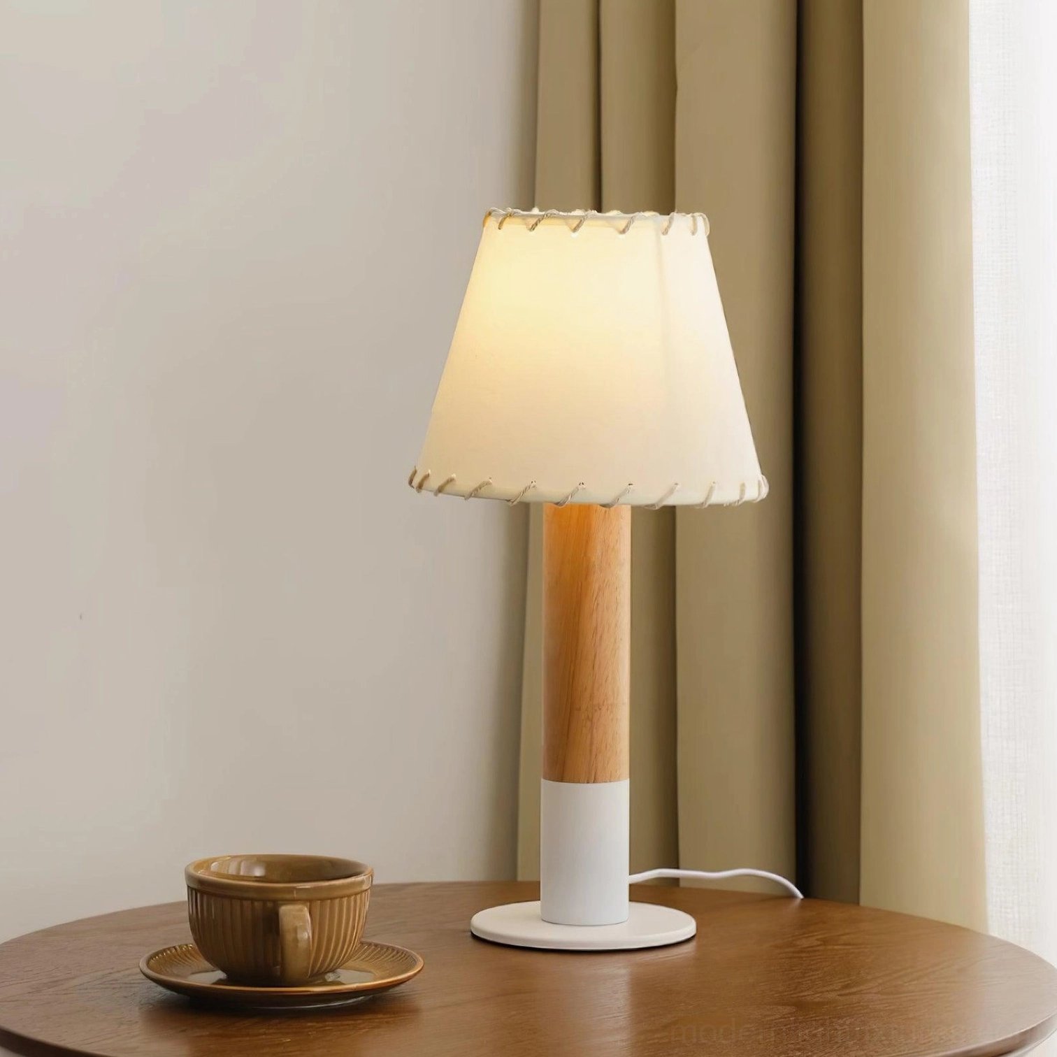 Wood table lamp with white fabric base variant and natural rubber wood construction