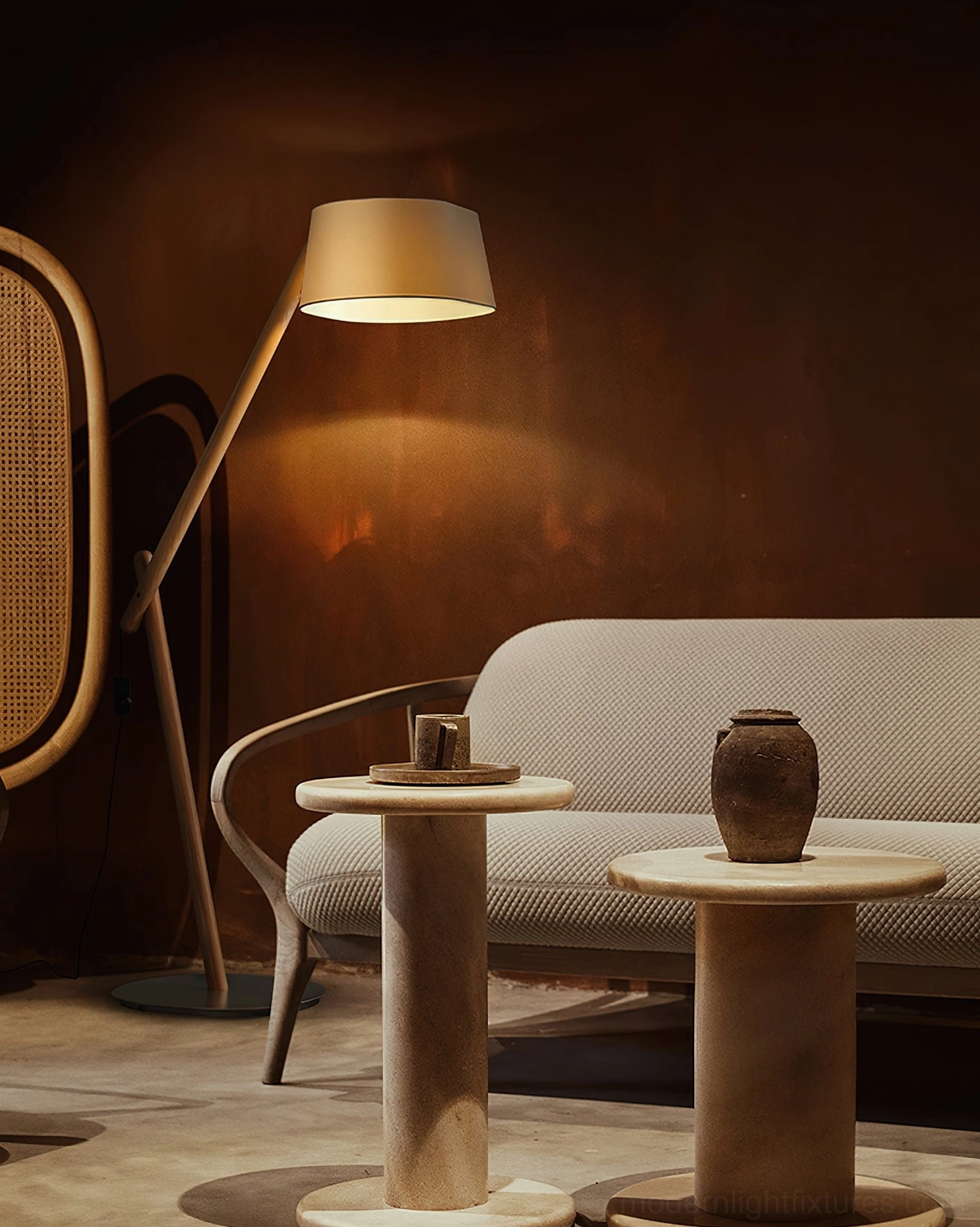 Wood grain cantilever floor lamp with light solid wood arm and beige shade in warm retro living room