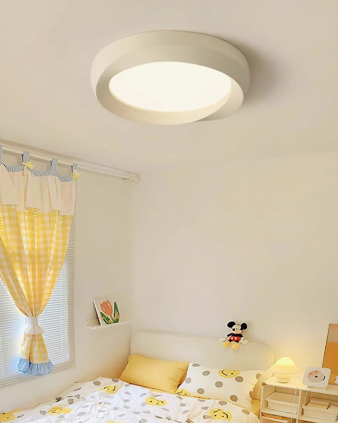 Minimalist round flush mount ceiling light with natural wood-tone resin finish option