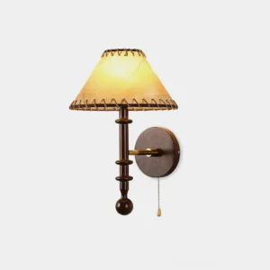 Handcrafted wood wall sconce with stitched conical fabric shade and pull cord switch, front flat view