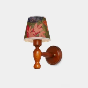 Rustic wooden wall sconce with hand-printed fabric shade, direct front view showcase