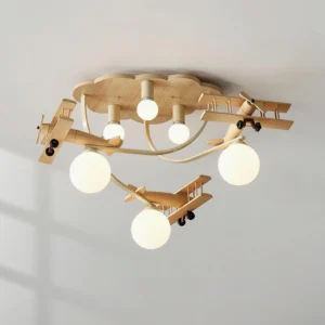 Wooden airplane ceiling lamp with cloud-shaped base and curved arms - three-quarter view
