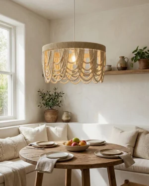 Woven drum pendant light with wooden bead fringe hanging above round wooden dining table in warm rustic bohemian dining nook
