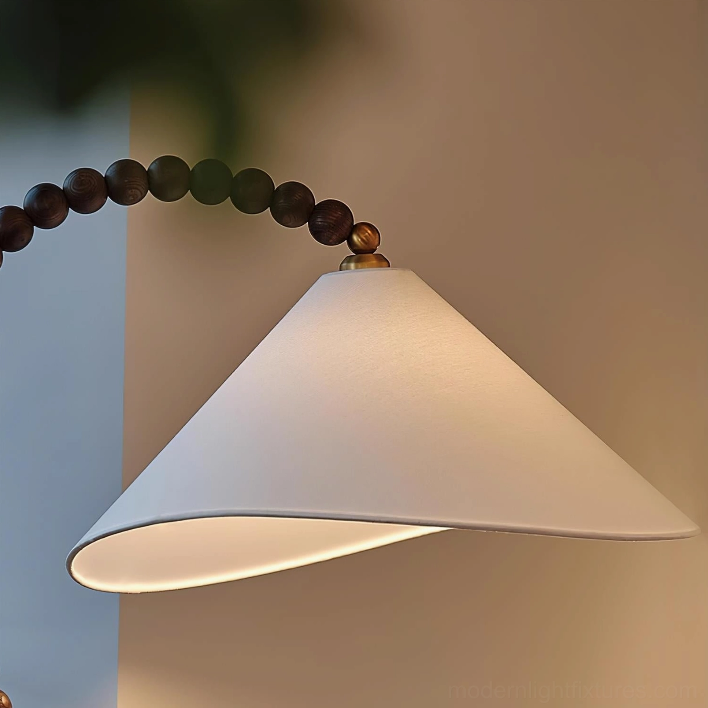 Walnut wood beaded floor lamp showing arched design and craftsmanship details
