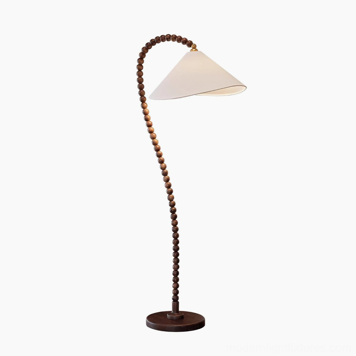 Full view of wooden beaded arched floor lamp with foot switch control and long cord