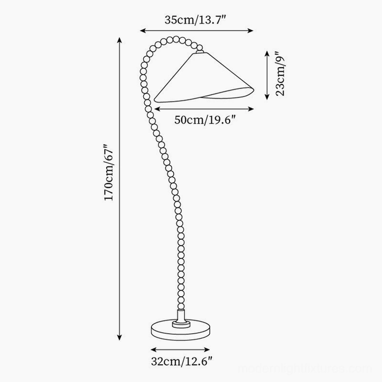 Technical dimension drawing of wooden beaded floor lamp showing exact measurements and specifications