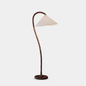 Wooden beaded arched floor lamp with walnut finish and white linen shade - front view